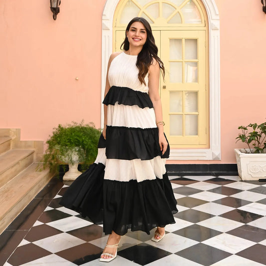 White & Black Flared Gown